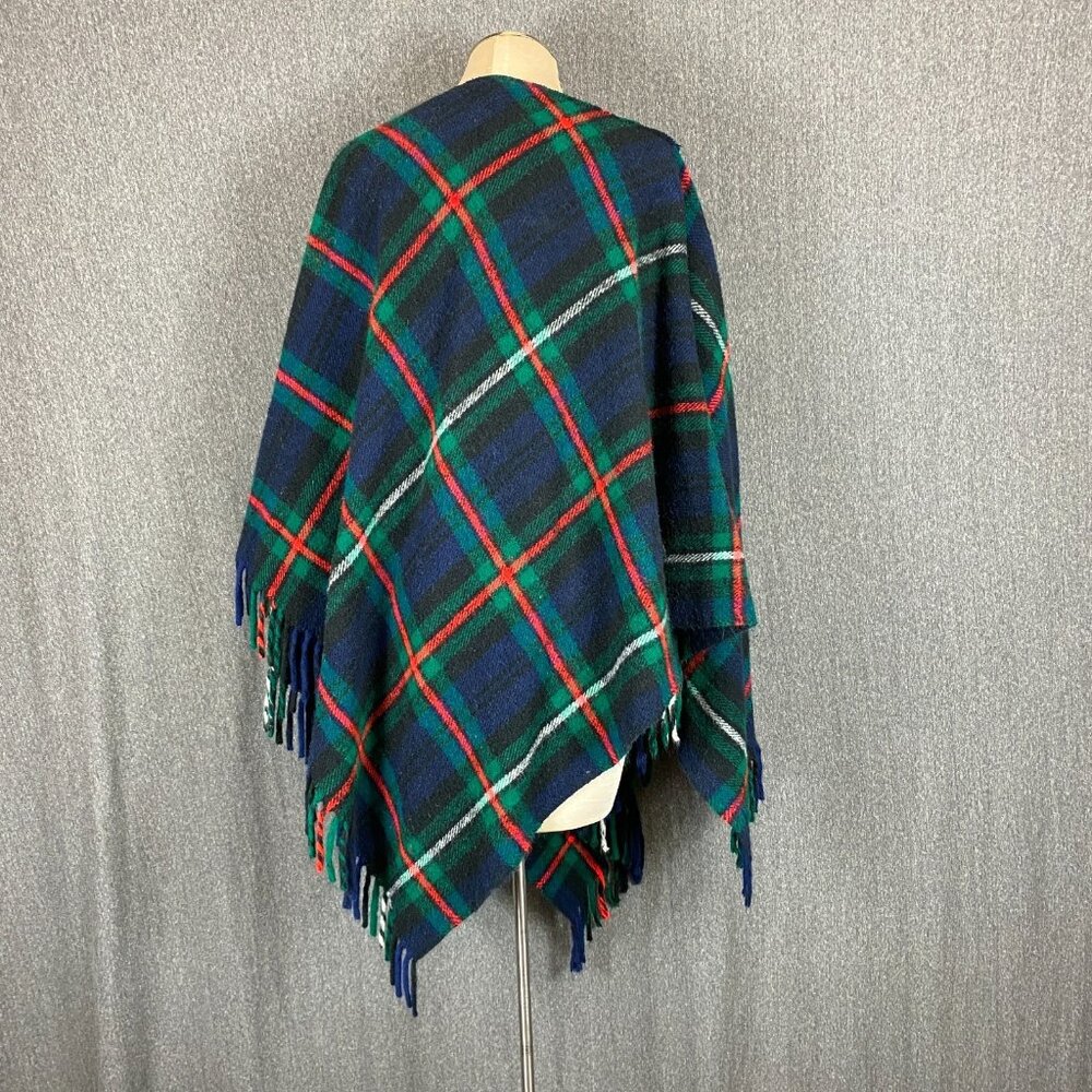 Vtg Troy Leisure Poncho Wool Flannel Blanket Blue Green Red Plaid Fringe Stadium - Picture 2 of 9